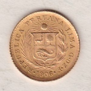 1906 Peru Gold Fifth Libra coin. The obverse features a wreath around a radiant sun above a shield. The reverse features the right facing portrait. 