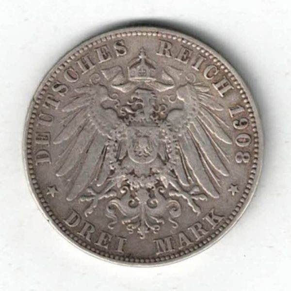 1908 E Germany Silver Three Mark Coin - Image 2