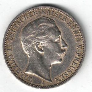 1911 A Germany Silver Three Mark Coin featuring the bust of Wilhelm II on the obverse. The crowned imperial eagle on the reverse.