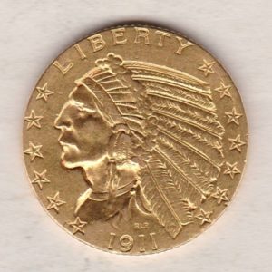 1911 S USA Five Dollars coin featuring S San Francisco mint mark, the Indian head design on the Obverse. The eagle on the Reverse.