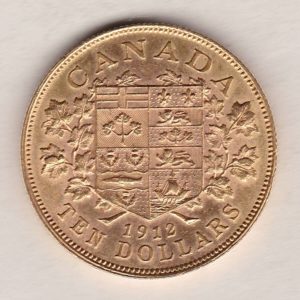 1912 Canada Gold Ten Dollars Coin. The obverse features King George V facing left. The reverse features the Canada coats of arms.