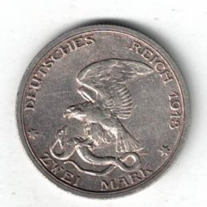 1913 A Germany Silver Two Mark Coin featuring The obverse features the 100th Anniversary of the Prussians entering the war against Napoleon.