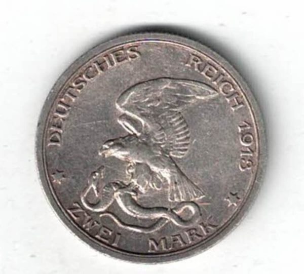 1913 A Germany Silver Two Mark Coin featuring The obverse features the 100th Anniversary of the Prussians entering the war against Napoleon.