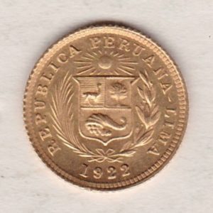 1922 Peru Gold Fifth Libra coin. The obverse features a wreath around a radiant sun above a shield. The reverse features the right facing portrait. 