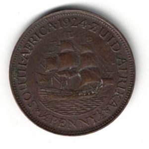 1924 South Africa Bronze Halfpenny Coin. The obverse features the bust of George V facing left. The reverse features a ship sailing to the right. 