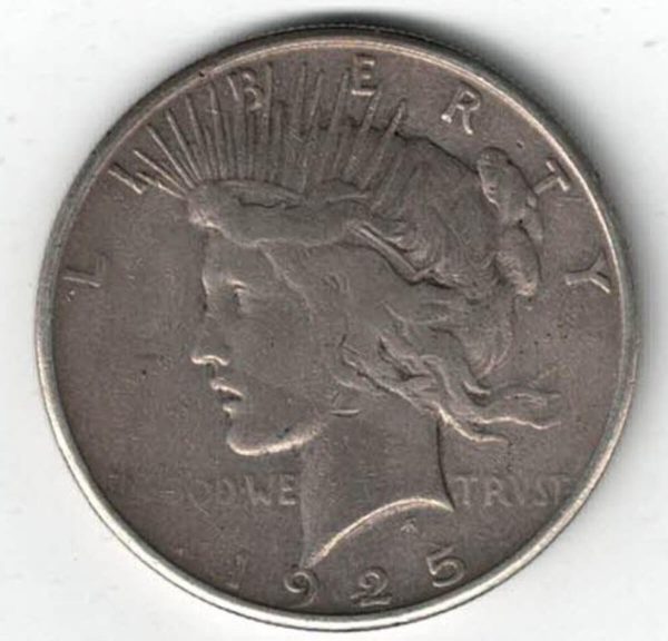 1925 S Silver USA Peace Dollar coin. The Obverse features the capped head of Liberty facing left. The American eagle on the reverse.