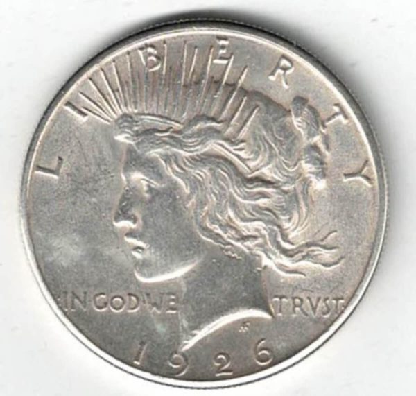 1926 S Silver USA Peace Dollar coin. The Obverse features the capped head of Liberty facing left. The American eagle on the reverse.