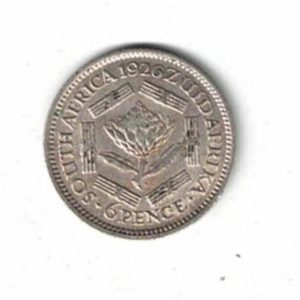 1926 South Africa Silver Sixpence Coin. The obverse features the bust of George V Facing left. The reverse features a protea flower in centre.