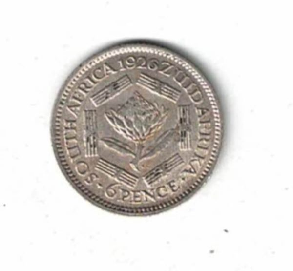 1926 South Africa Silver Sixpence Coin. The obverse features the bust of George V Facing left. The reverse features a protea flower in centre.