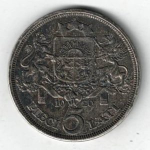 1929 Latvia Silver Five Lati Coin. The obverse features a Maiden's head facing right. The reverse features the Latvian coat of arms.