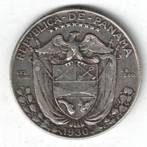 1930 Panama Silver Half Balboa Coin. The obverse features the national coat of arms. The reverse features an armoured bust facing left.