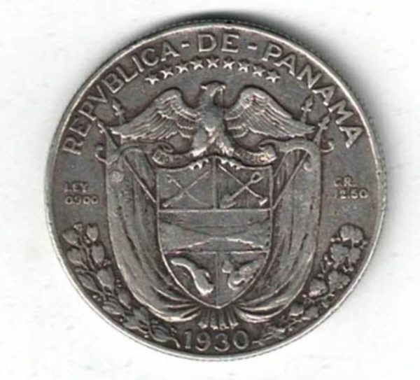 1930 Panama Silver Half Balboa Coin. The obverse features the national coat of arms. The reverse features an armoured bust facing left.