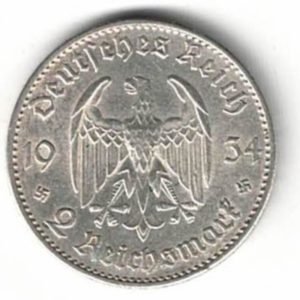 1934 F Germany Silver Two Reichsmark Mark. The obverse features the imperial German eagle. The reverse features the Potsdam church.