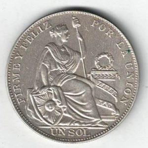 1934 Peru Silver One Sol Coin. The obverse features the national arms. engraver's initials GM on stems flanking date. All coins are in stock.