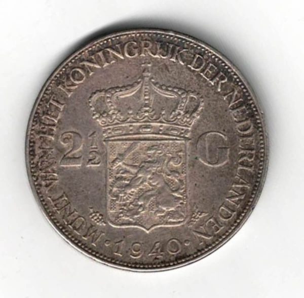 1940 Netherlands Silver Two And Half Gulden Coin. The obverse of this coin features the head of Queen Wilhelmina facing left.