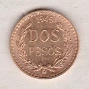 1945 Mo Mexico Gold Two Pesos Coin. This Two Pesos coin was struck in 0.900 Gold and weighs approx. 1.67 grams. All of our Gold coins are in stock.