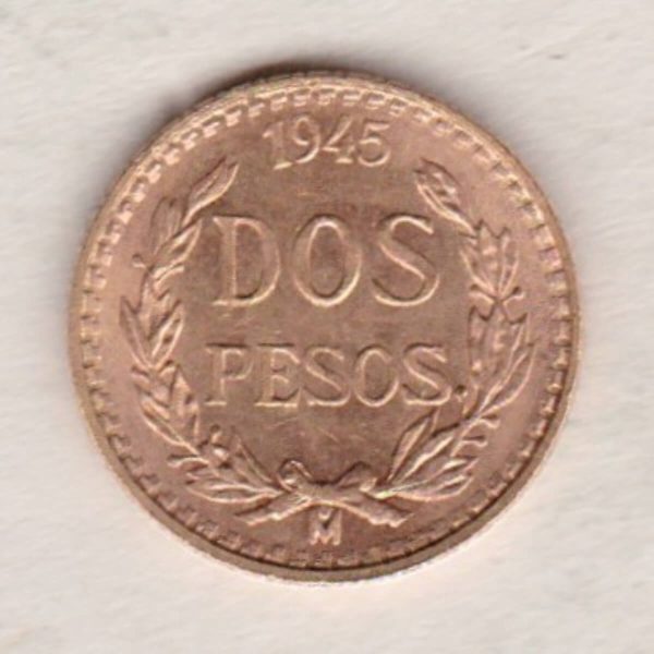1945 Mo Mexico Gold Two Pesos Coin. This Two Pesos coin was struck in 0.900 Gold and weighs approx. 1.67 grams. All of our Gold coins are in stock.