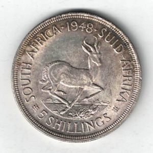 1948 South Africa Silver Five Shillings Coin. The obverse features the bust of King George VI facing right. All coins are in stock.