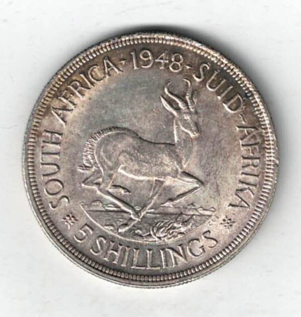 1948 South Africa Silver Five Shillings Coin. The obverse features the bust of King George VI facing right. All coins are in stock.