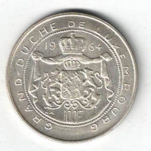 1964 Luxembourg Silver One Hundred Francs Coin. The obverse features the portrait to the left of Jean facing Left. All coins are instock.