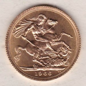1966 Gold Sovereign Coin featuring the first portrait of Queen Elizabeth II on the Obverse. St George and the Dragon on the Reverse.