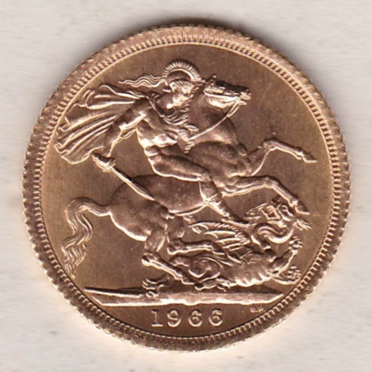 1966 Gold Sovereign Coin featuring the first portrait of Queen Elizabeth II on the Obverse. St George and the Dragon on the Reverse.