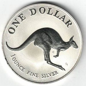1993 Silver Australia One Ounce Kangaroo. Elizabeth II is on the obverse, The kangaroo is on the reverse. The coin contains one ounce of 999 fine silver.