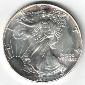 1994 Silver USA One Ounce Eagle. The liberty is on the obverse, The eagle is on the reverse. The coin contains one ounce of 999 fine silver.
