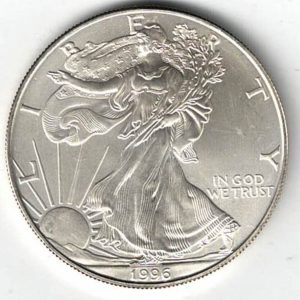 1996 Silver USA One Ounce Eagle. The liberty is on the obverse, The eagle is on the reverse. The coin contains one ounce of 999 fine silver.