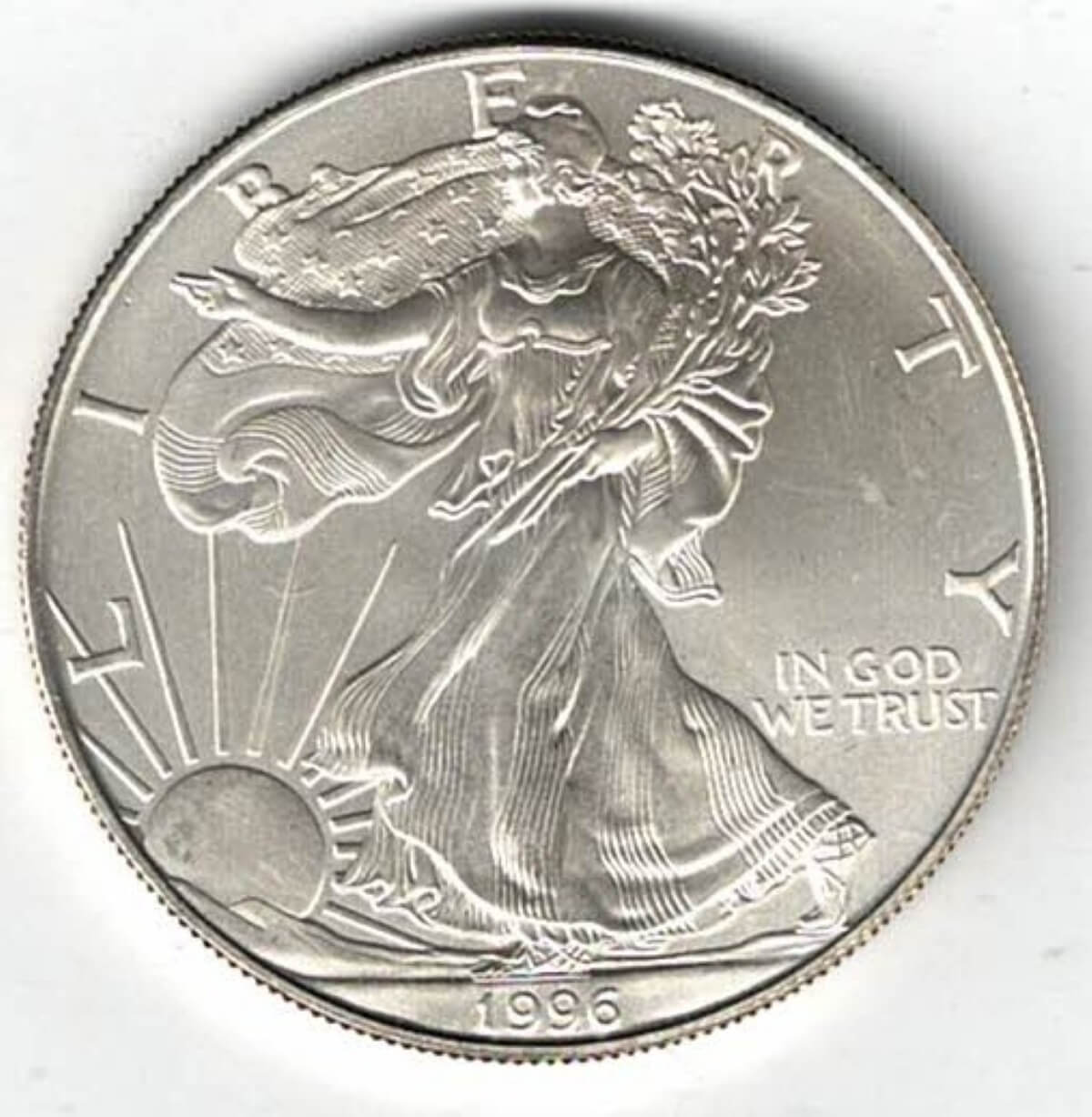 1996 Silver USA One Ounce Eagle. The liberty is on the obverse, The eagle is on the reverse. The coin contains one ounce of 999 fine silver.