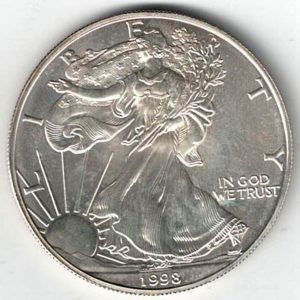 1998 Silver USA One Ounce Eagle. The liberty is on the obverse, The eagle is on the reverse. The coin contains one ounce of 999 fine silver.