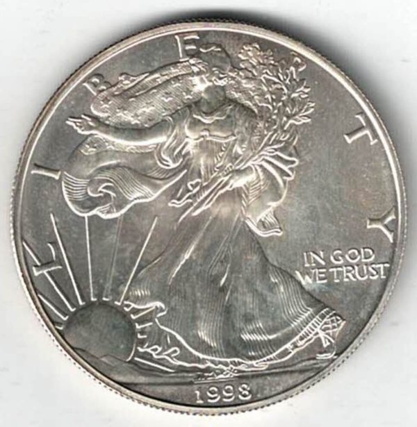 1998 Silver USA One Ounce Eagle. The liberty is on the obverse, The eagle is on the reverse. The coin contains one ounce of 999 fine silver.