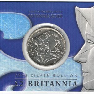 2003 Silver Britannia One Ounce in Card Pack. The coin contains one ounce of fine silver. All of our silver coins have been pre-owned and are in stock.