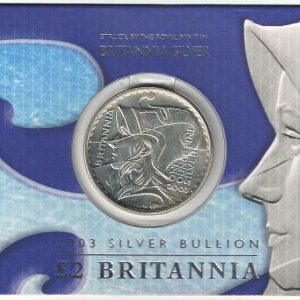 2003 Silver Britannia One Ounce in Card Pack. The coin contains one ounce of fine silver. All of our silver coins have been pre-owned and are in stock.