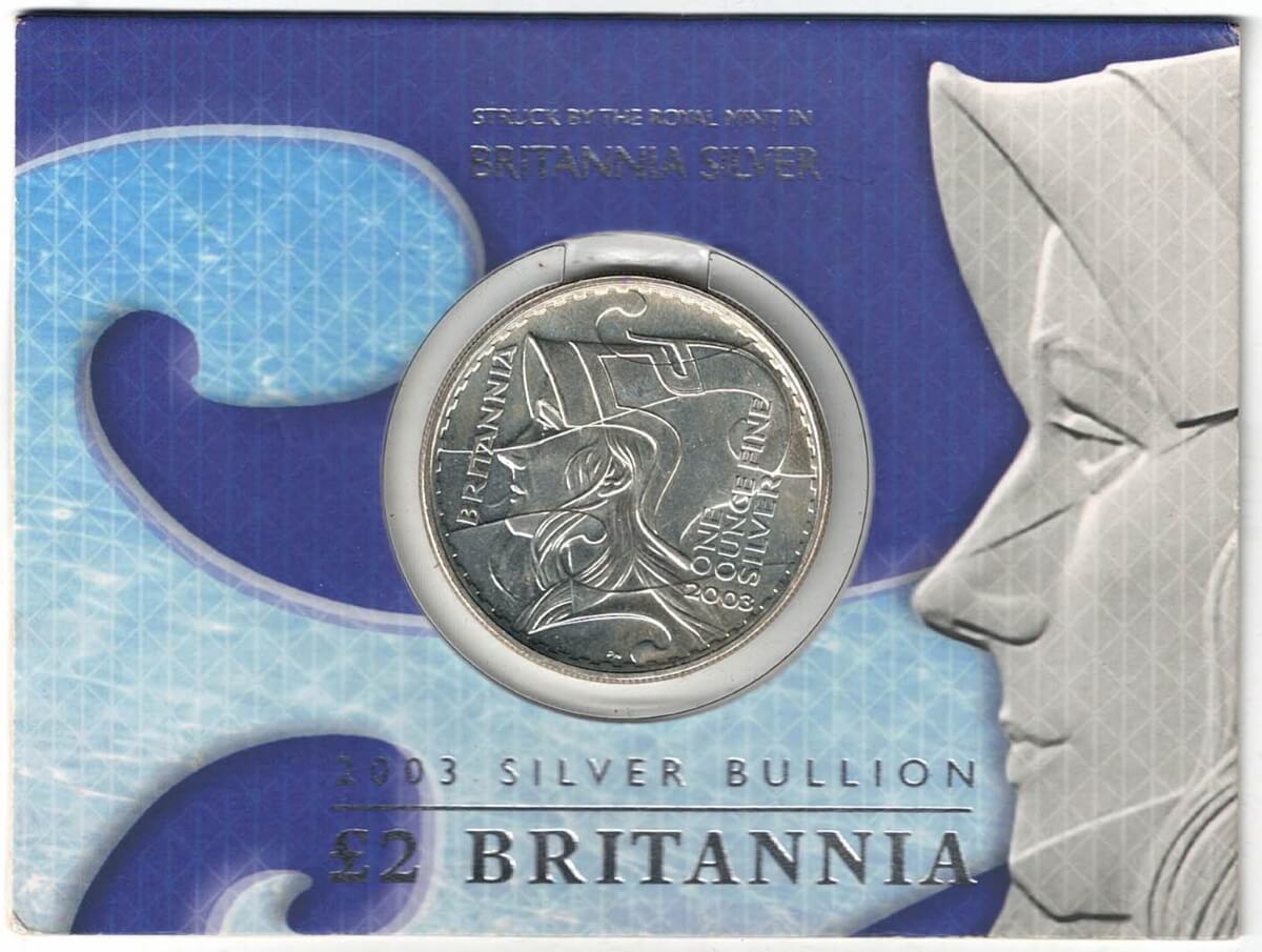 2003 Silver Britannia One Ounce in Card Pack. The coin contains one ounce of fine silver. All of our silver coins have been pre-owned and are in stock.