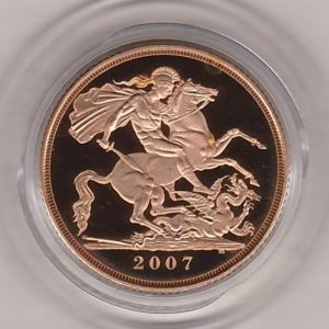 2007 gold proof sovereign coin. This coin features the portrait of queen Elizabeth II on the Obverse & St George and the Dragon Reverse.