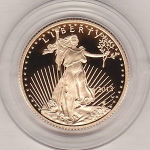 2013 Gold Proof USA Quarter Ounce Eagle coin. This quarter ounce coin features the Saint Gauden's Liberty on the Obverse. The Eagle on the Reverse.