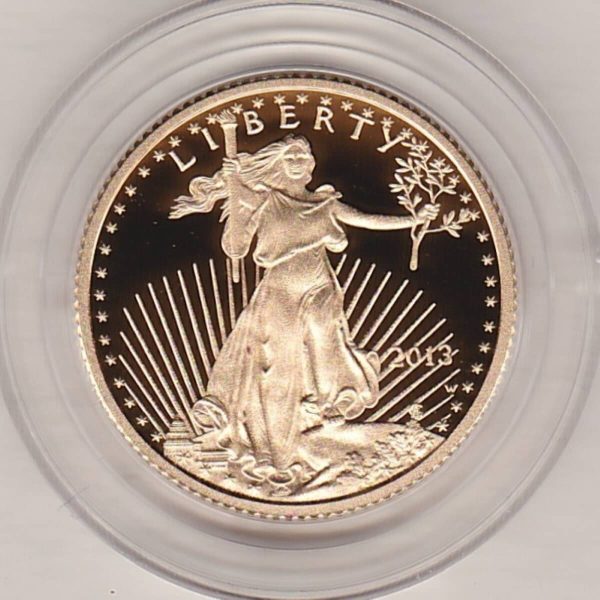 2013 Gold Proof USA Quarter Ounce Eagle coin. This quarter ounce coin features the Saint Gauden's Liberty on the Obverse. The Eagle on the Reverse.