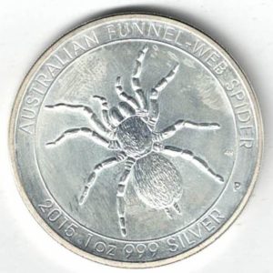 2015 Silver Australia One Ounce Spider. Elizabeth II is on the obverse, The Spider is on the reverse. The coin contains one ounce of 999 fine silver.
