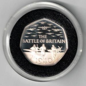 2015 Silver Proof Fifty Pence Coin Battle Of Britain Anniversary. This coin comes in the original box with certificate as issued by the royal mint.