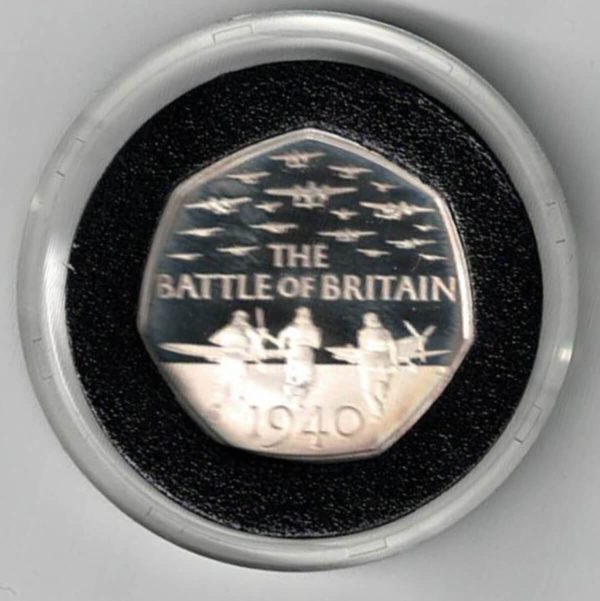 2015 Silver Proof Fifty Pence Coin Battle Of Britain Anniversary. This coin comes in the original box with certificate as issued by the royal mint.