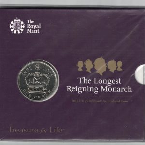 2015 Five Pounds Coin The Longest Reigning Monarch. featuring Queen Elizabeth II on the Obverse. All five pound coins are in stock.
