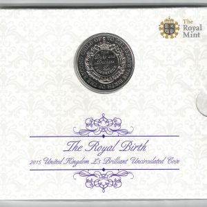 2015 Five Pounds Coin The Royal Birth. featuring Queen Elizabeth II on the Obverse. All five pound coins are in stock and ready to send.