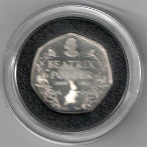 2016 Silver Proof Fifty Pence Coin 150th Anniversary of Beatrix Potter. This coin comes in the original box with certificate as issued by the royal mint.