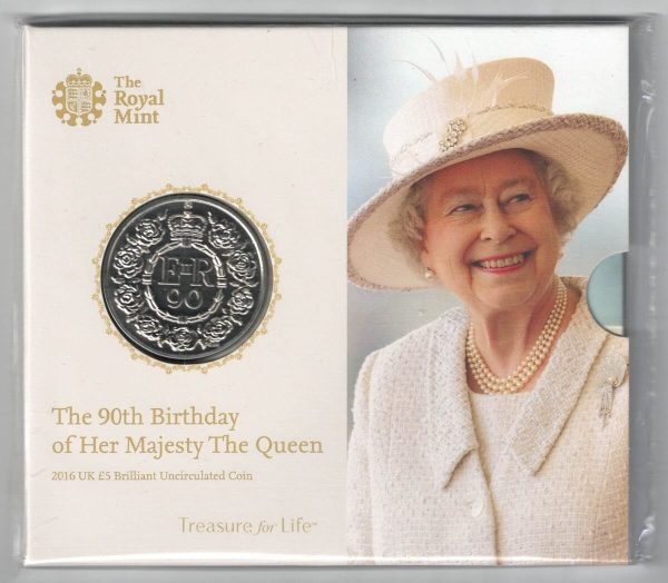 2016 Five Pounds Coin The 90th Birthday of HM the queen. featuring Queen Elizabeth II on the Obverse. All five pound coins are in stock.