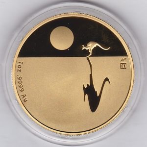 2017 Proof Gold Australia One Ounce coin. The obverse features Queen Elizabeth II. The Kangaroo and setting Sun on the obverse.