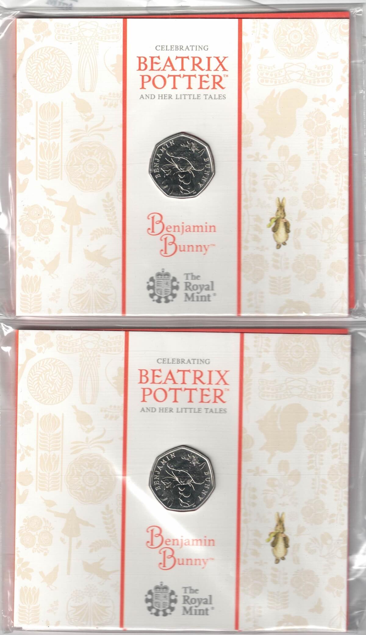 2017 Fifty Pence Benjamin Bunny cupro nickel coin featuring Queen Elizabeth II on the Obverse. Benjamin Bunny on the Reverse.