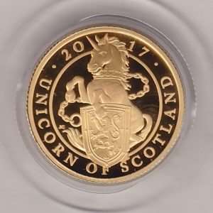 2017 Gold Proof Quarter Ounce Queen's Beasts The Unicorn Of Scotland Coin. The obverse features Queen Elizabeth II. The reverse features a Unicorn.