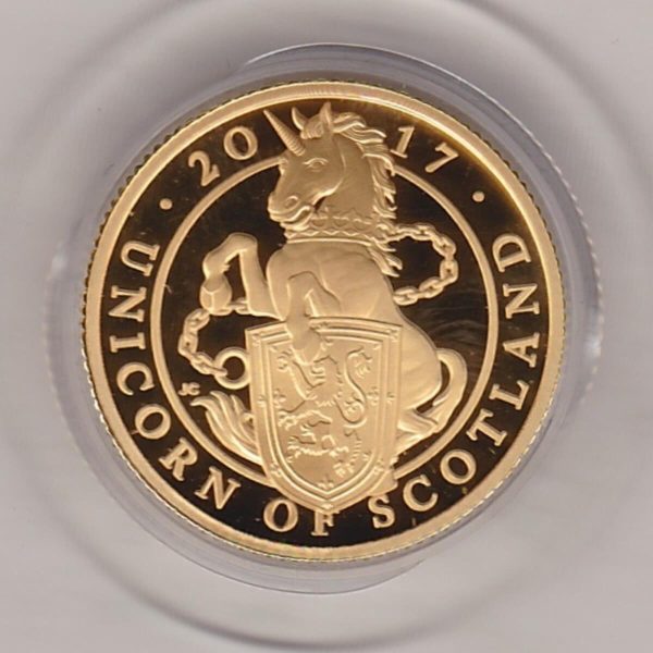 2017 Gold Proof Quarter Ounce Queen's Beasts The Unicorn Of Scotland Coin. The obverse features Queen Elizabeth II. The reverse features a Unicorn.