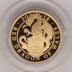 2018 Gold Proof Quarter Ounce Queen's Beasts The Red Dragon Of Wales Coin. The obverse features Queen Elizabeth II. The reverse features a Dragon.